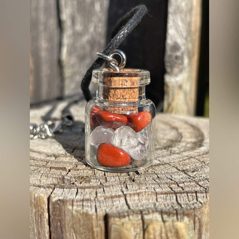 Jasper Clear Quartz Jar Necklace | Glass Jar Crystal Pendant